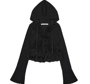 Grunge Fur Hood Cardigan - BLACK