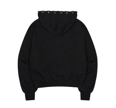 Eyelet Cross Hood Zip Up - BLACK