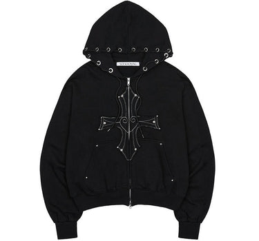 Eyelet Cross Hood Zip Up - BLACK