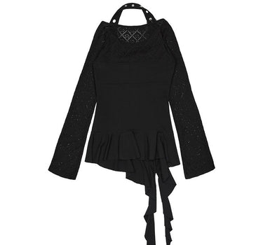 Belted Drop Ruffle Top - BLACK