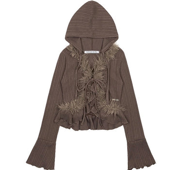 Grunge Fur Hood Cardigan - BROWN