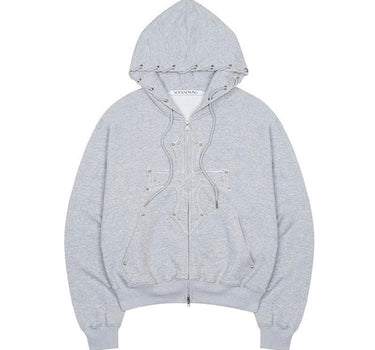 Eyelet Cross Hood Zip Up - MELANGE GREY