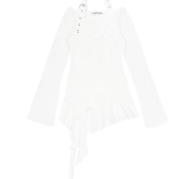 Belted Drop Ruffle Top - WHITE