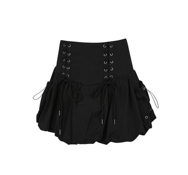 Lace Up Nylon Balloon Skirt - Black