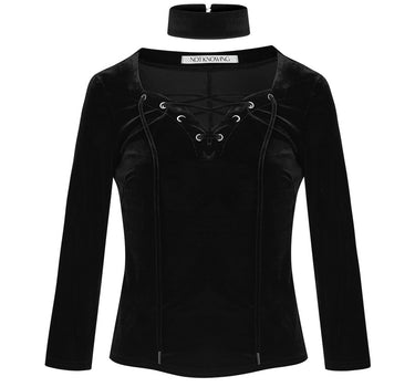 HEART LACE UP VELOUR TOP - BLACK