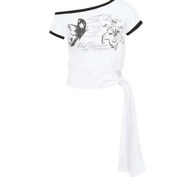 Tied One Off Shoulder Ringer Top - WHITE