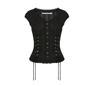 Eyelet Lace Up Blouse - BLACK