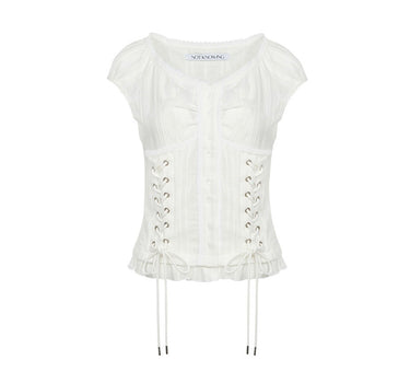 Eyelet Lace Up Blouse - WHITE