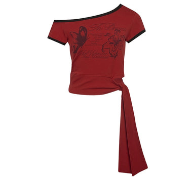 Tied One Off Shoulder Ringer Top - DEEP RED