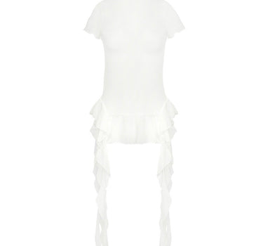 Dot Mesh Ruffle Top - WHITE